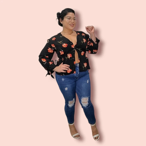 Sweet Rain Floral Black Orange Peplum Button up Top Sz XL - Picture 2 of 7